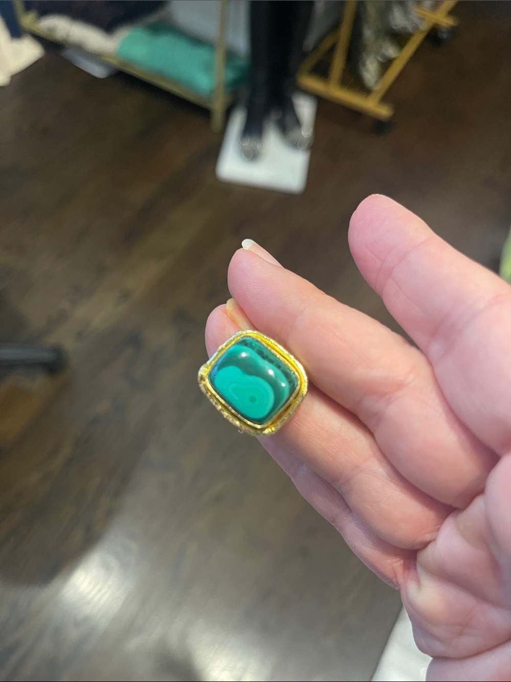 Turkish handmade adjustable Gold-Tone Ring with Green Malachite-Style Stone